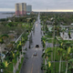 In this aerial view, vehicles make their way through a flooded area after Hurricane Ian passed through on September 29, 2022 in Fort Myers, Florida.